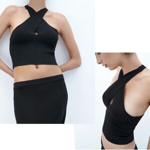 Zara black crisscross halter crop top Sz L spring summer festival beach party
